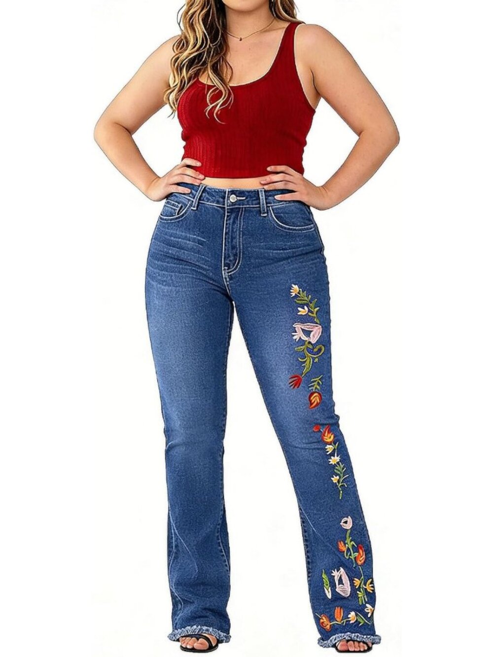 Plus Size High Waist Embroidered Bootcut Jeans - Stretchy Blue Denim Pants
